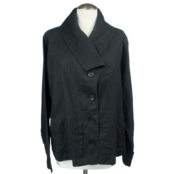 Women's Flax Black Button Up Blazer Long Sleeve Workwear Linen Jacket sz Large - Picture 1 of 10